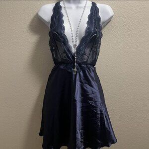 navy blue lace satin low cut lingerie dress top